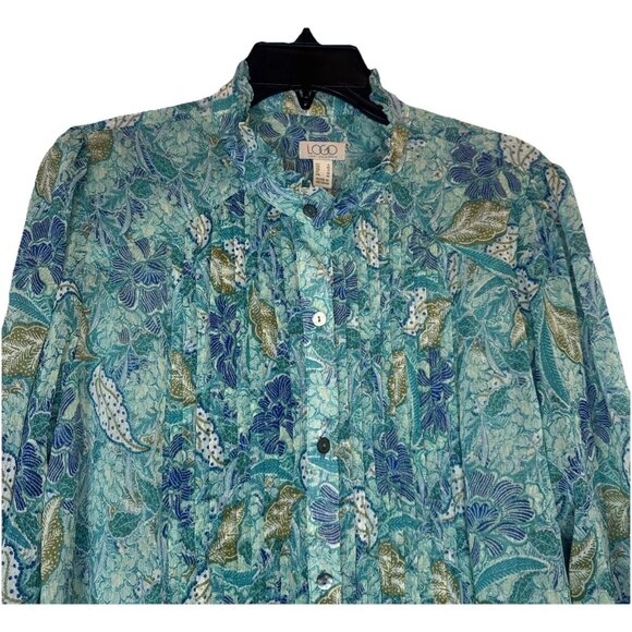 LOGO Lori Goldstein Floral Chiffon Ruffle Collar Pintuck Top Sz S Fairy Peasant - Picture 2 of 9